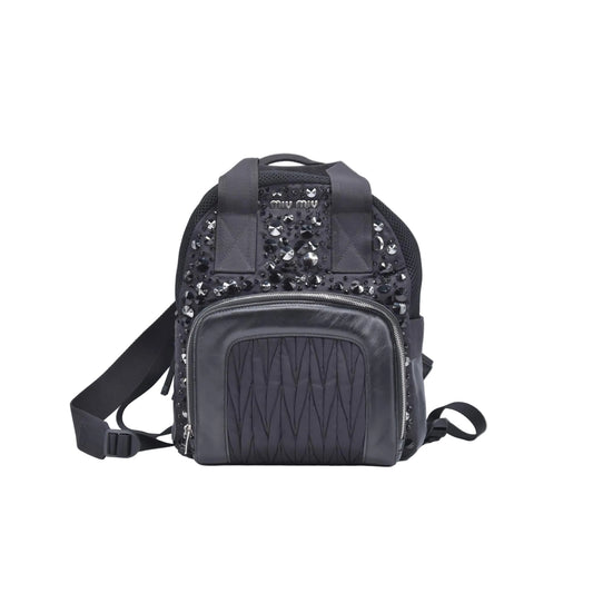 $1950 MIU MIU Leather Trimmed Matelasse Crystal Embellished Nylon Backpack