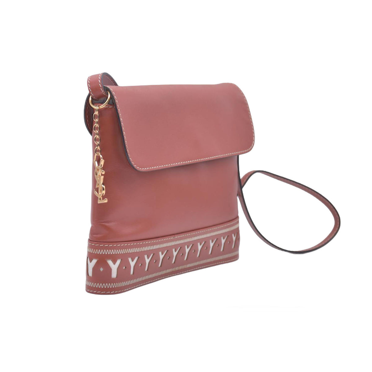 $980 YVES SAINT LAURENT Calfskin Cutout Y Monogram Flap Shoulder Bag Terracotta CONSIGNMENT 10021247