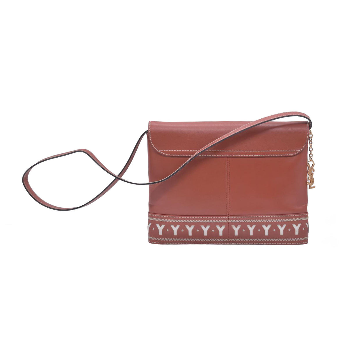$980 YVES SAINT LAURENT Calfskin Cutout Y Monogram Flap Shoulder Bag Terracotta CONSIGNMENT 10021247