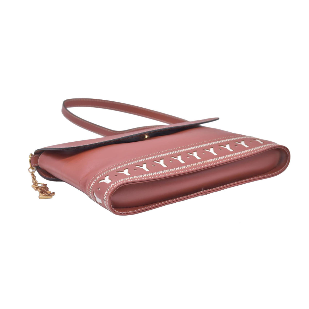 $980 YVES SAINT LAURENT Calfskin Cutout Y Monogram Flap Shoulder Bag Terracotta CONSIGNMENT 10021247