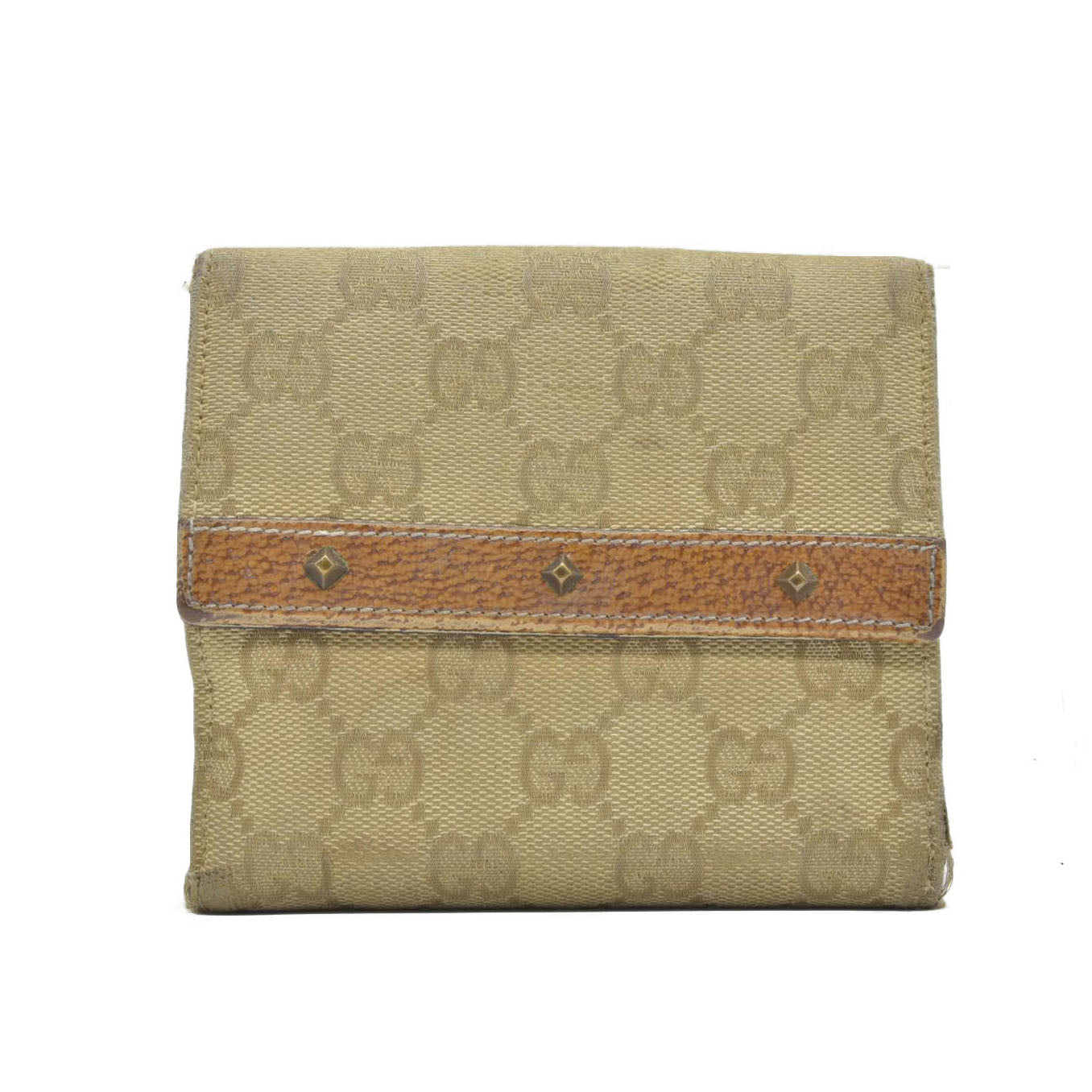 $420 Gucci Gucci Beige/Brown GG Canvas Nailhead Compact Wallet CONSIGNMENT