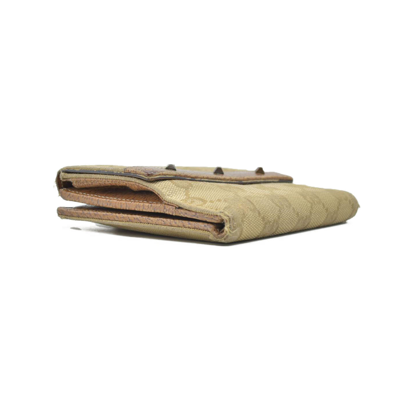 $420 Gucci Gucci Beige/Brown GG Canvas Nailhead Compact Wallet CONSIGNMENT