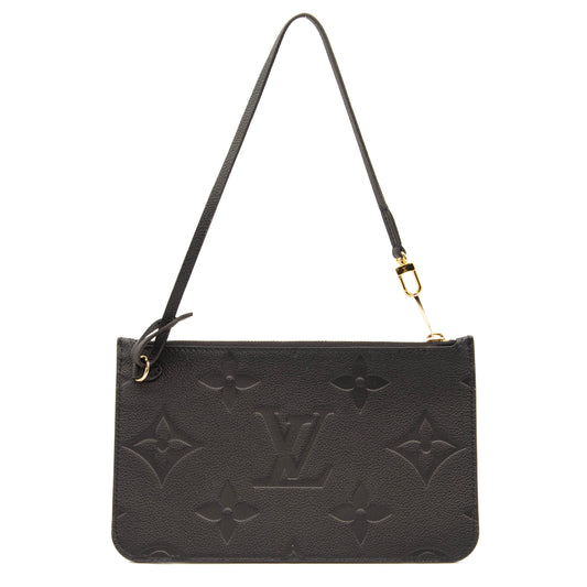 Microchipped LOUIS VUITTON Empreinte Monogram Giant Neverfull MM Pochette Black Wristlet