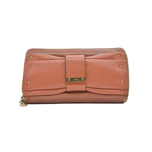 $690 CHLOE Ribbon Leather Zip Around Long Wallet Brown CONSIGNMENT
