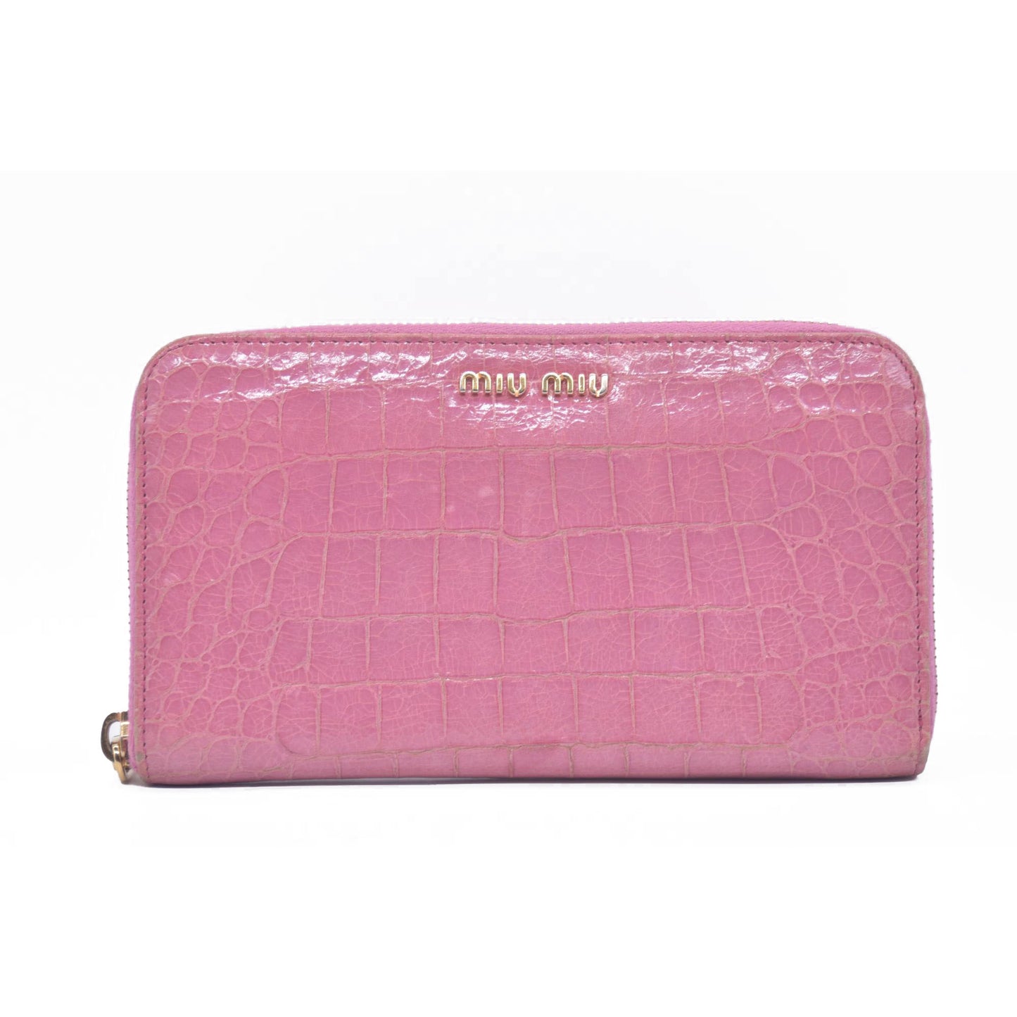 $545 Miu Miu  Vernice Crocodile Embossed Calfskin Zip Around Wallet Antico CONSIGNMENT