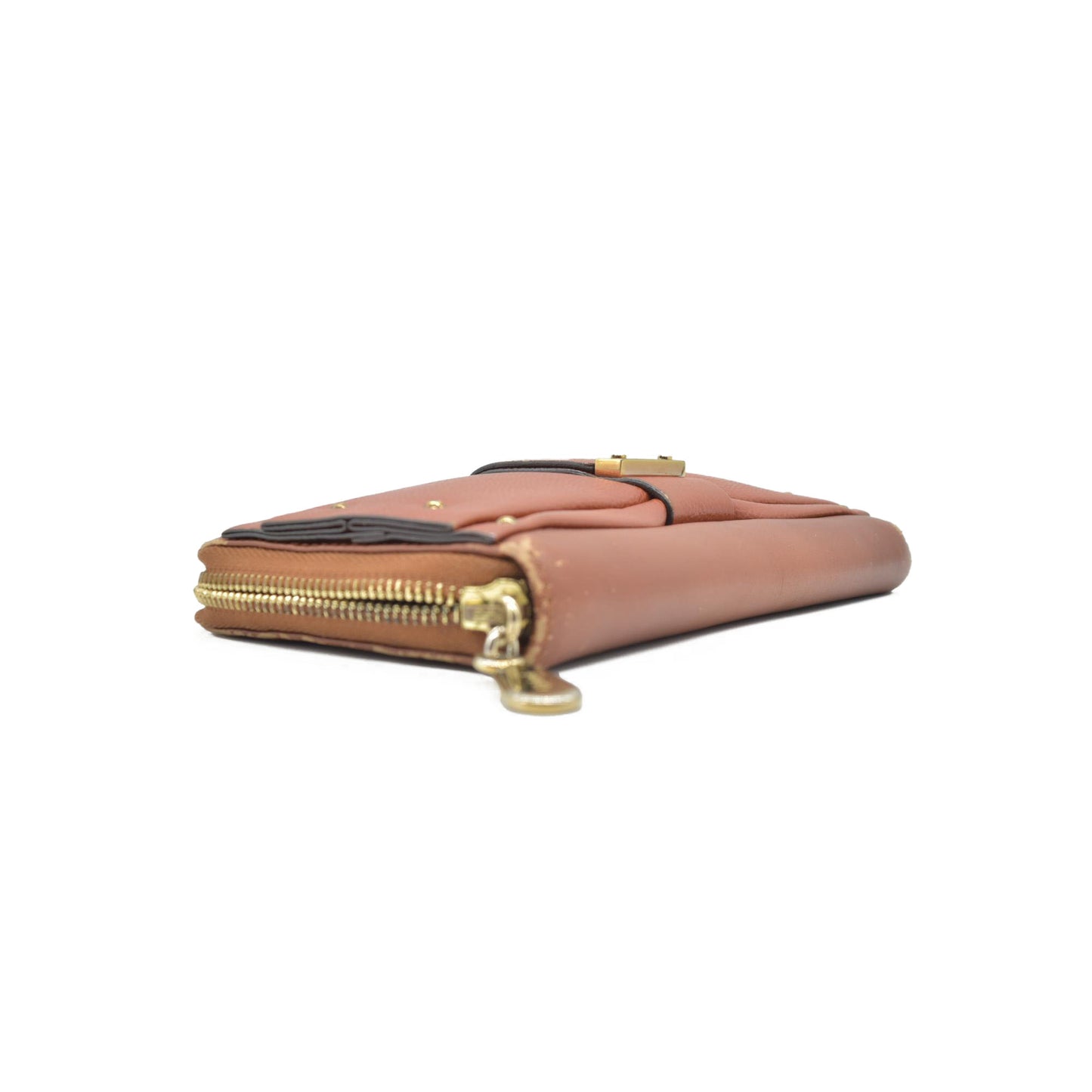 $690 CHLOE Ribbon Leather Zip Around Long Wallet Brown