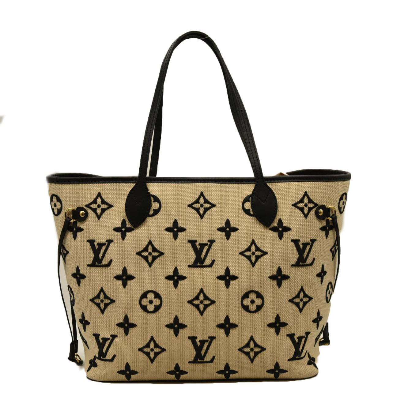 LOUIS VUITTON  Cotton Monogram Embroidered Neverfull MM Beige Black RFID