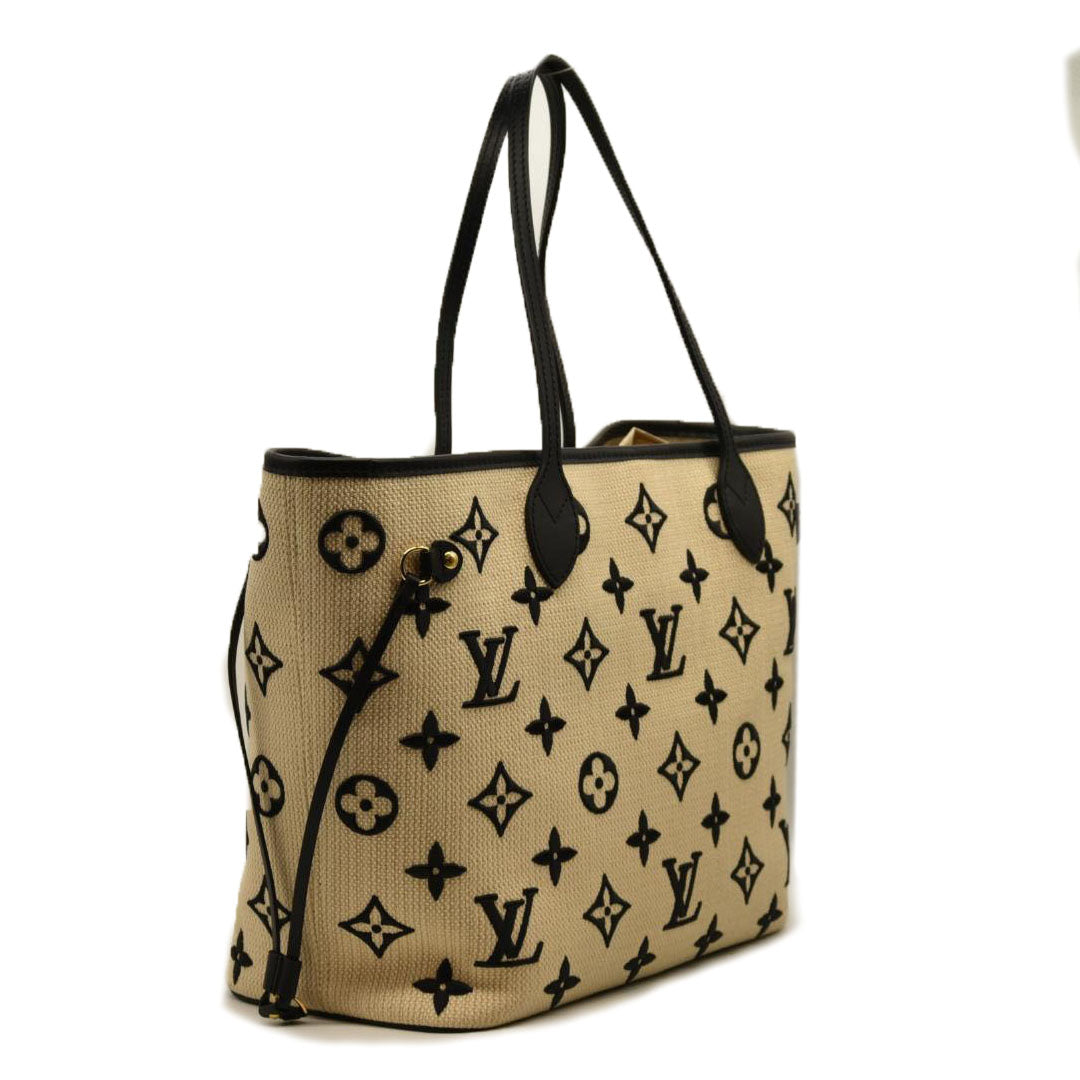 LOUIS VUITTON  Cotton Monogram Embroidered Neverfull MM Beige Black RFID