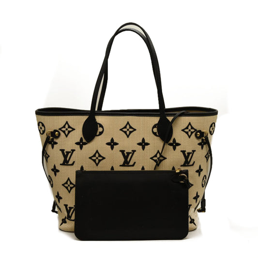 LOUIS VUITTON  Cotton Monogram Embroidered Neverfull MM Beige Black RFID