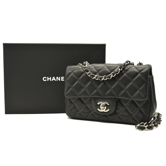 CHANEL Lambskin Quilted Mini Rectangular Flap Black  28******