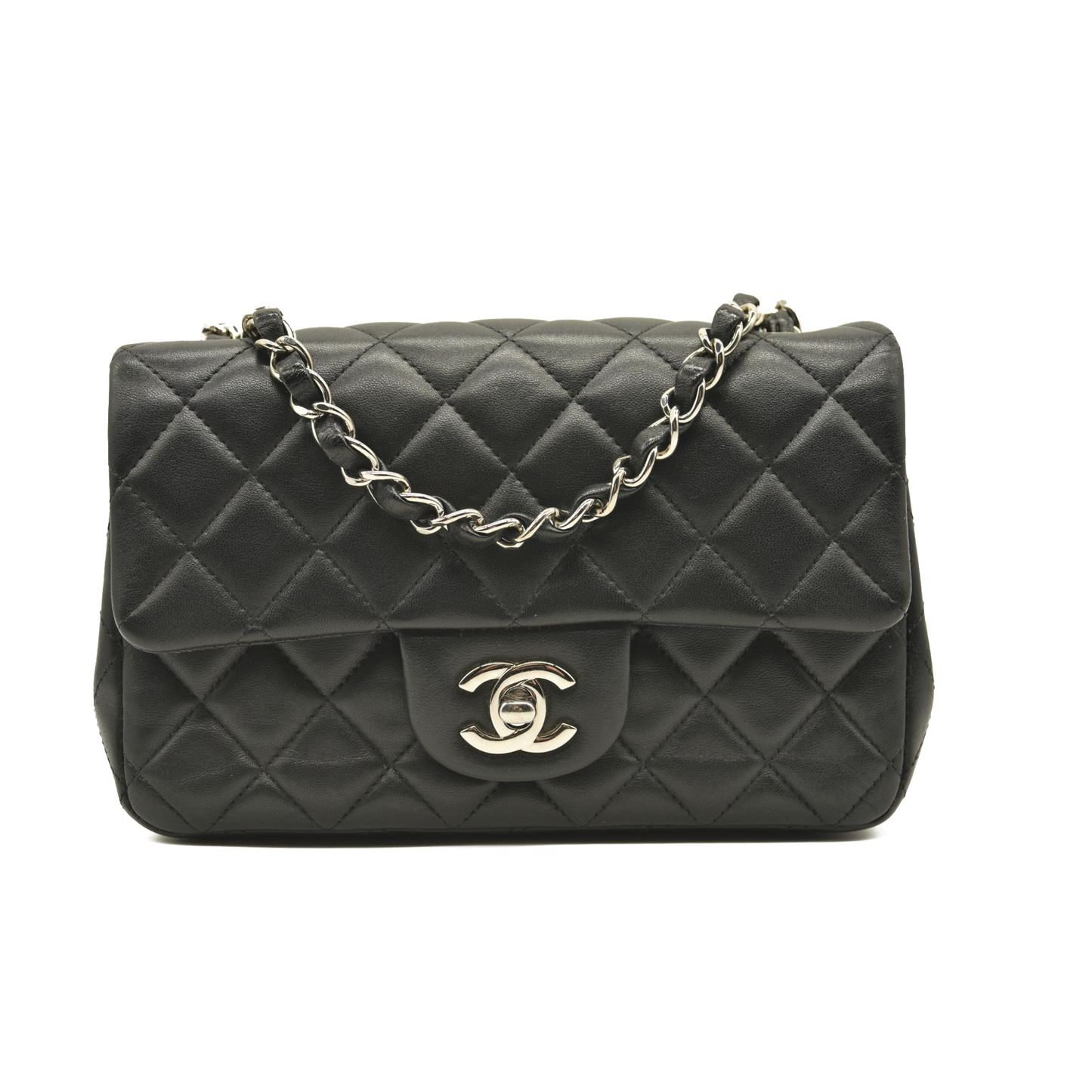 CHANEL Lambskin Quilted Mini Rectangular Flap Black  28******