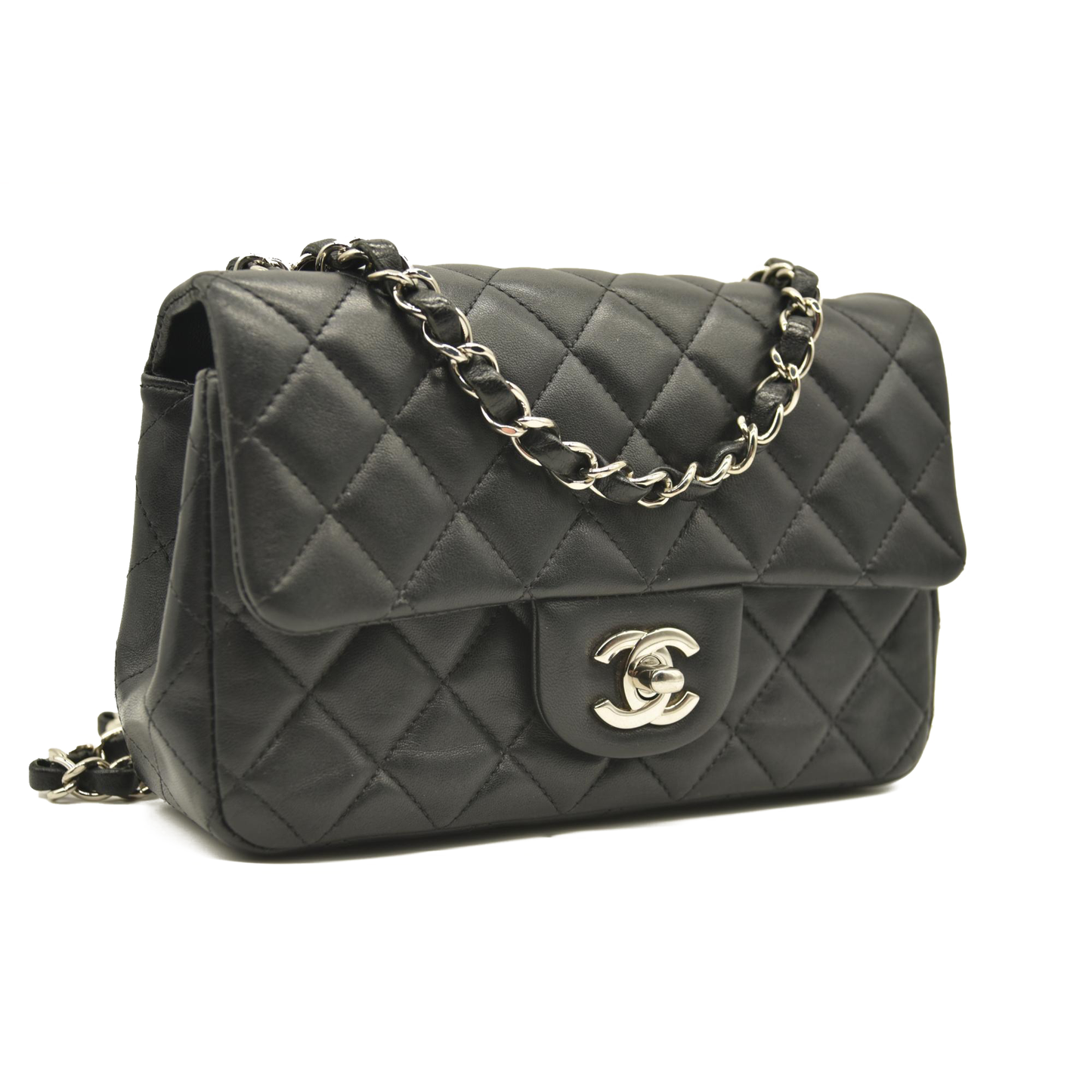 CHANEL Lambskin Quilted Mini Rectangular Flap Black  28******