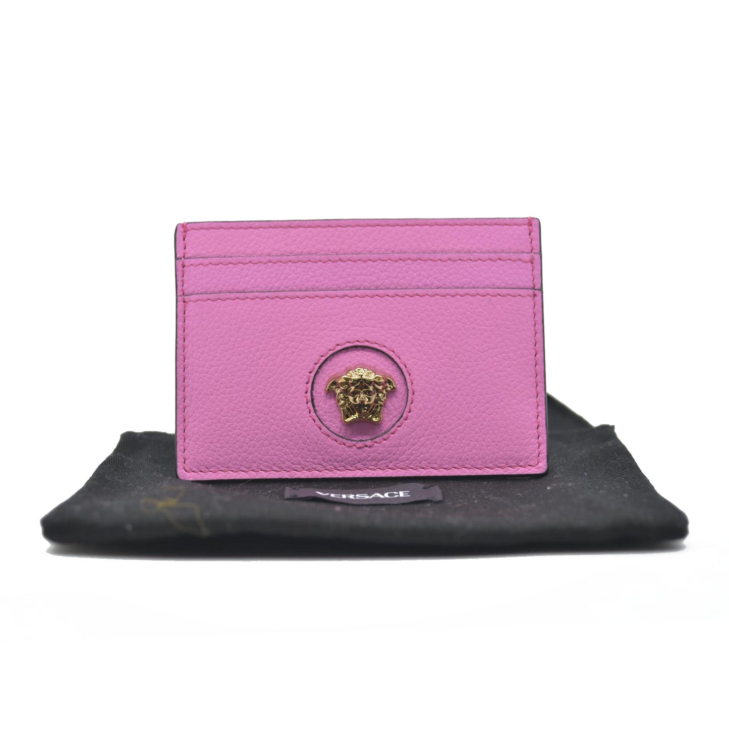 $295 Versace Medusa Insignia Pink Leather Card Holder CONSIGNMENT