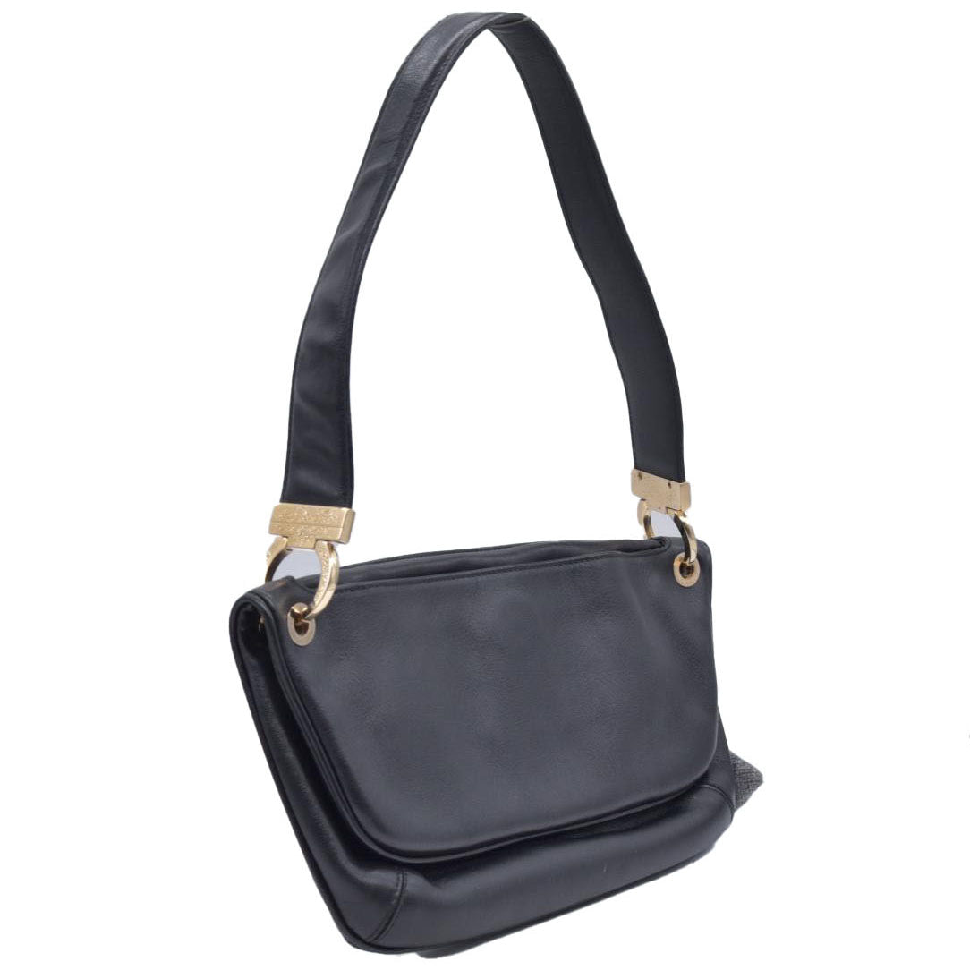 $980 SALVATORE FERRAGAMO Calfskin Gancini Flap Shoulder Bag Black CONSIGNMENT 10021226