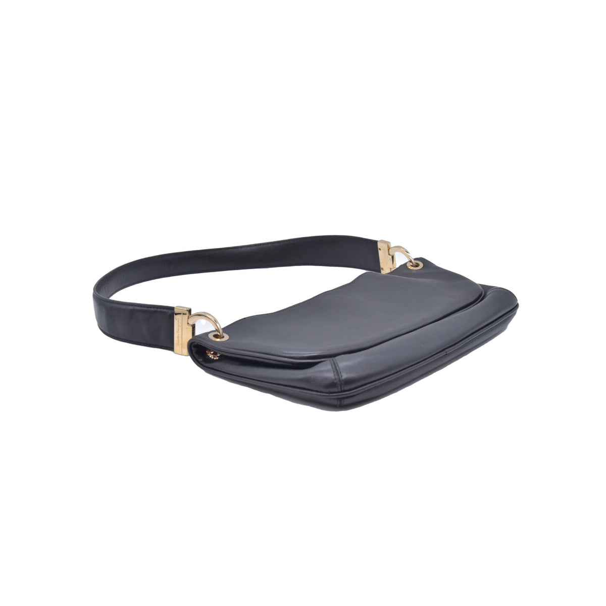 $980 SALVATORE FERRAGAMO Calfskin Gancini Flap Shoulder Bag Black CONSIGNMENT 10021226