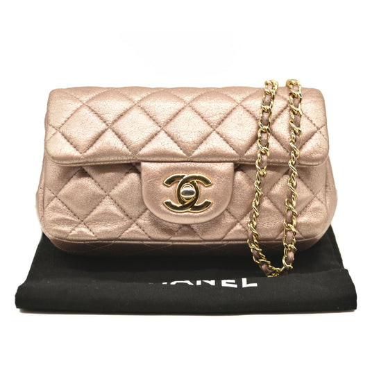 Chanel Metallic Leather Quilted Extra Mini Rectangular Flap Pink