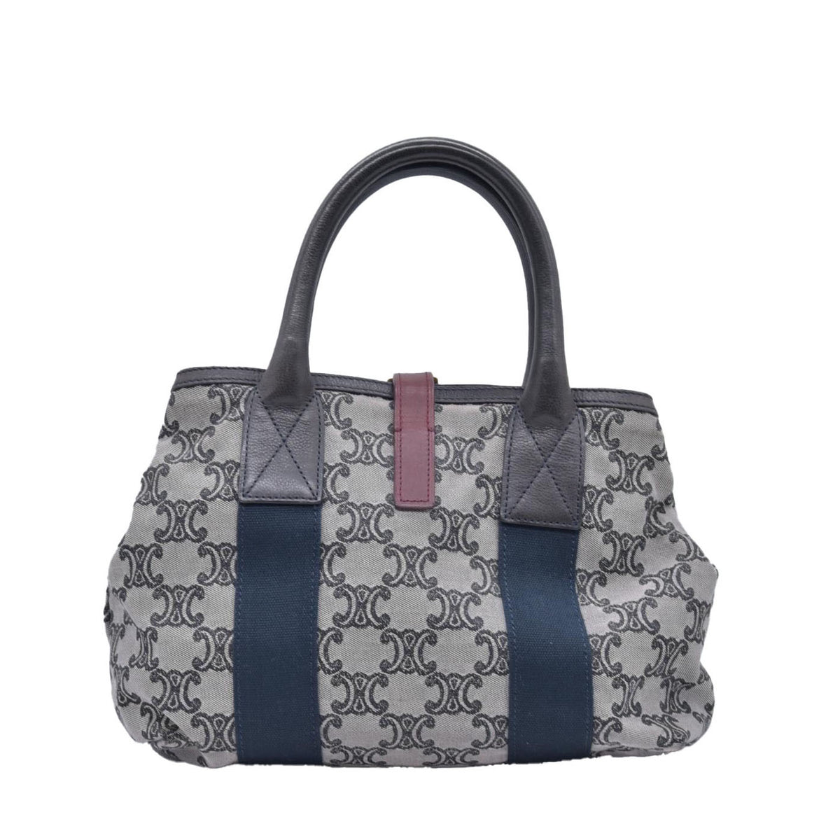 $1150 CELINE Triomphe Canvas & Web Buckle Strap Tote Bag Grey Navy CONSIGNMENT 10021188