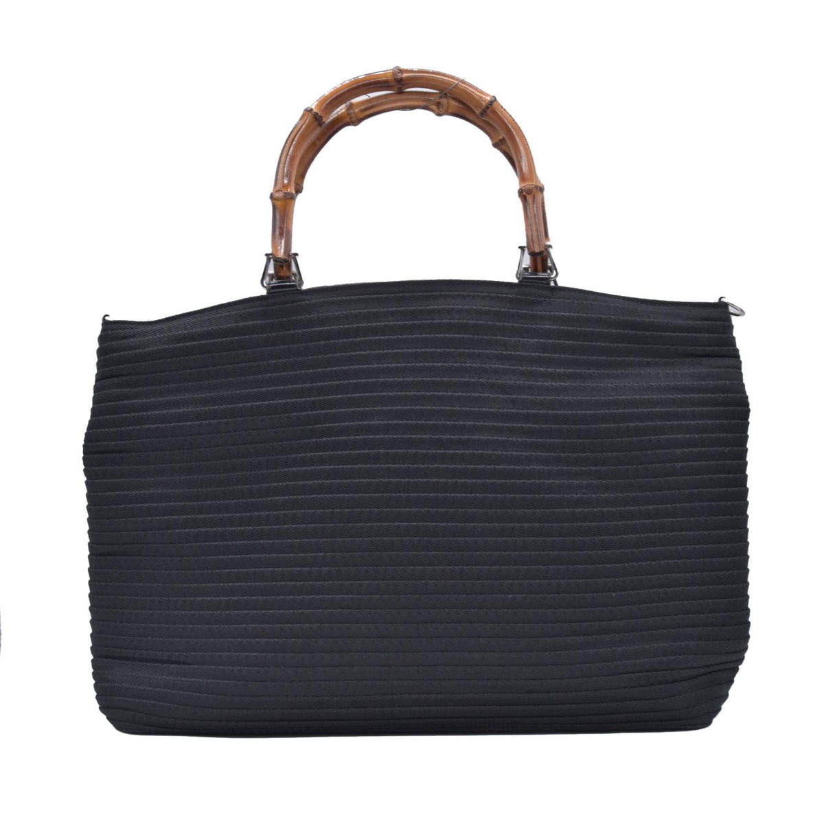 $1050 GUCCI Woven Ribbed Nylon Bamboo Handle Tote Bag Black CONSIGNMENT 10021183
