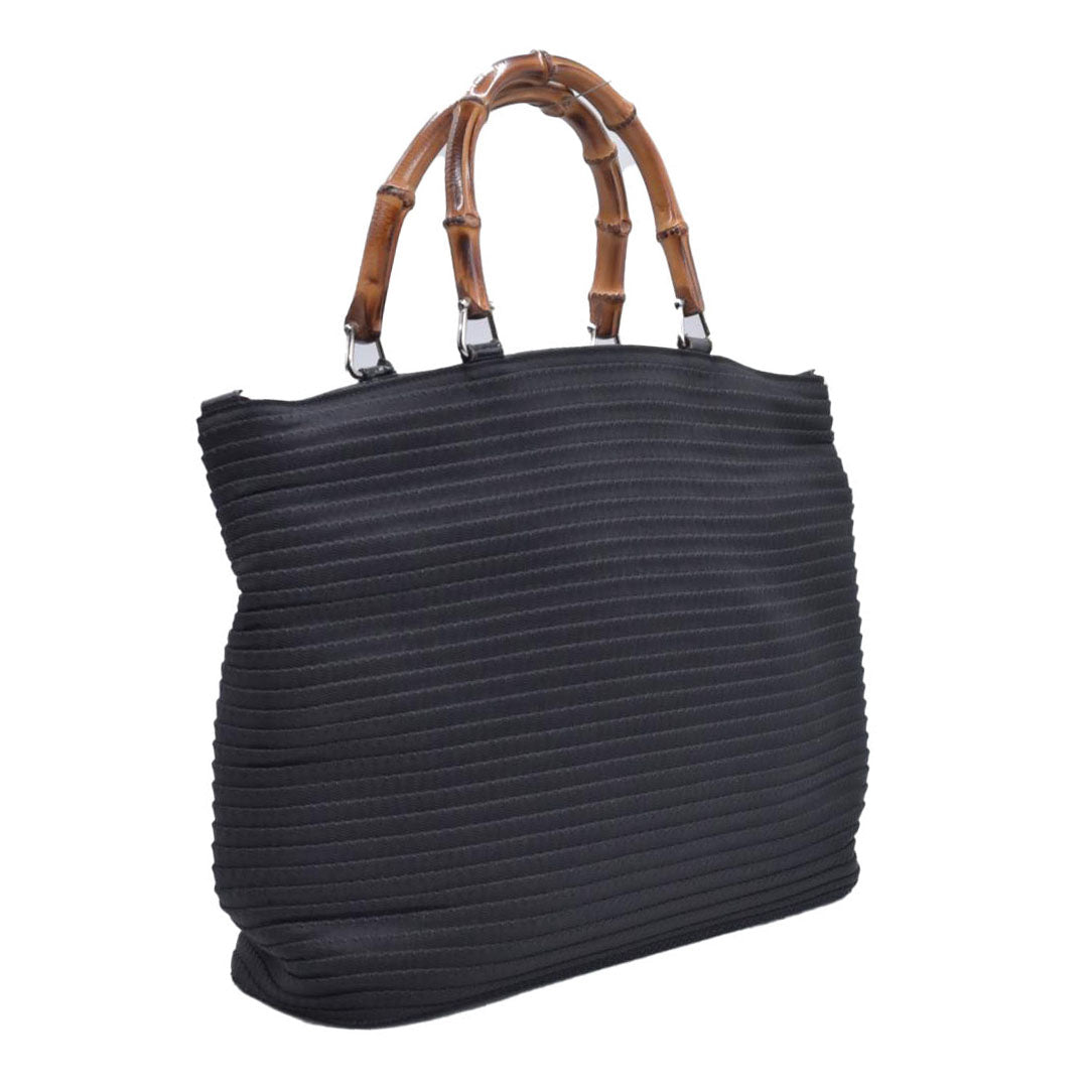 $1050 GUCCI Woven Ribbed Nylon Bamboo Handle Tote Bag Black CONSIGNMENT 10021183