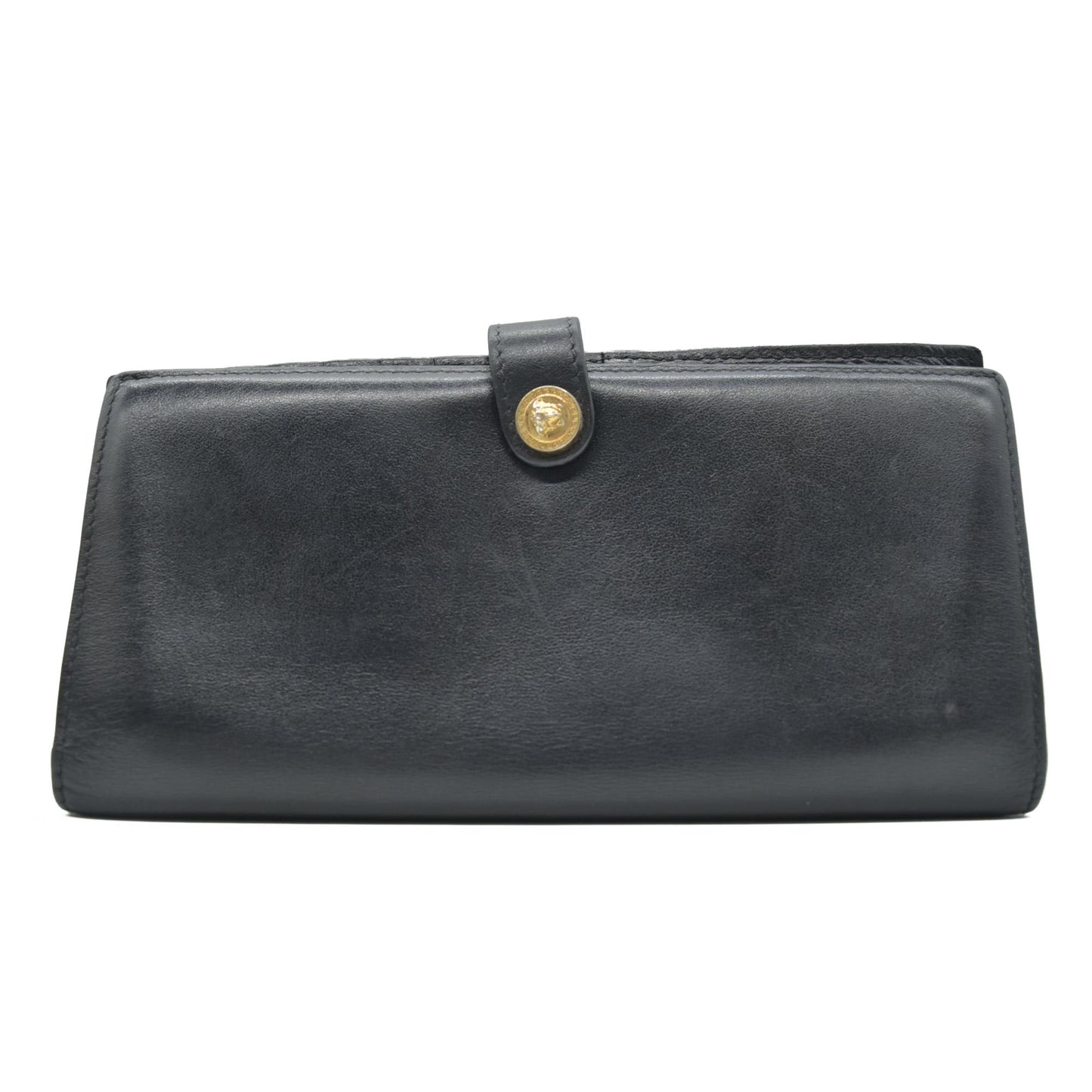 VERSACE Medusa Wallet Black Leather Unisex Bifold Long Wallet with Gold Hardware CONSIGNMENT