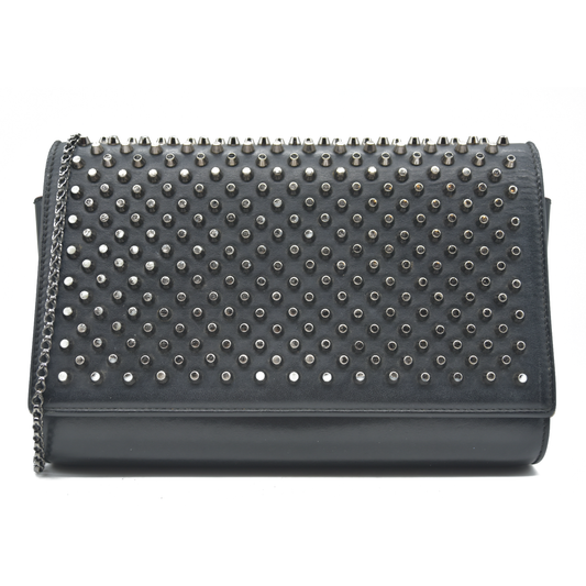 $1490 CHRISTIAN LOUBOUTIN Calfskin Patent Spikes Paloma Clutch Black