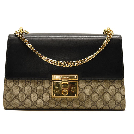 $1980 GUCCI GG Supreme Monogram Calfskin Medium Padlock Shoulder Bag Beige Black Cuir