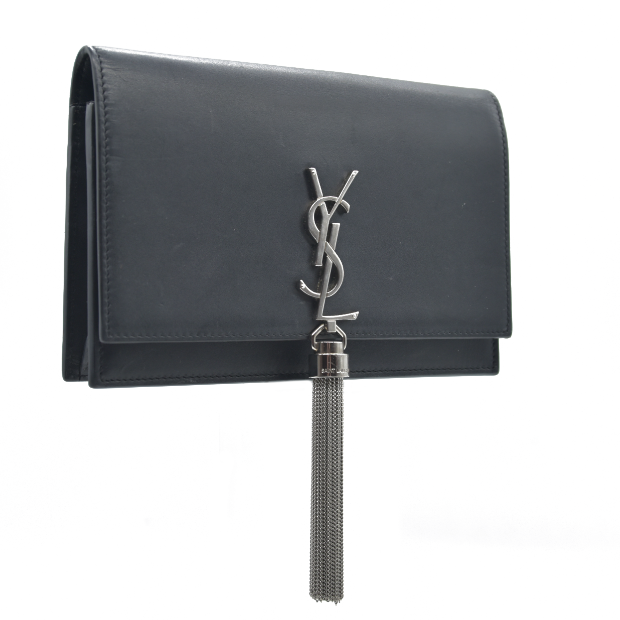 $2100 Saint Laurent Smooth Calfskin Classic Monogram Kate Tassel Chain Wallet Black