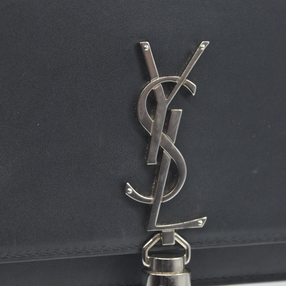 $2100 Saint Laurent Smooth Calfskin Classic Monogram Kate Tassel Chain Wallet Black