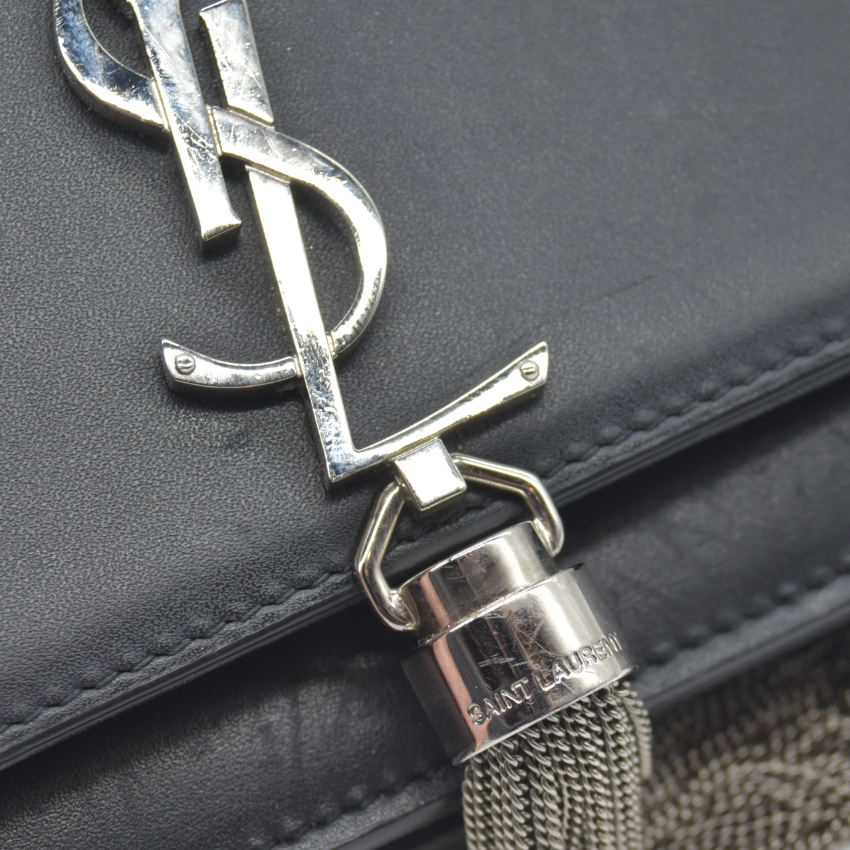 $2100 Saint Laurent Smooth Calfskin Classic Monogram Kate Tassel Chain Wallet Black