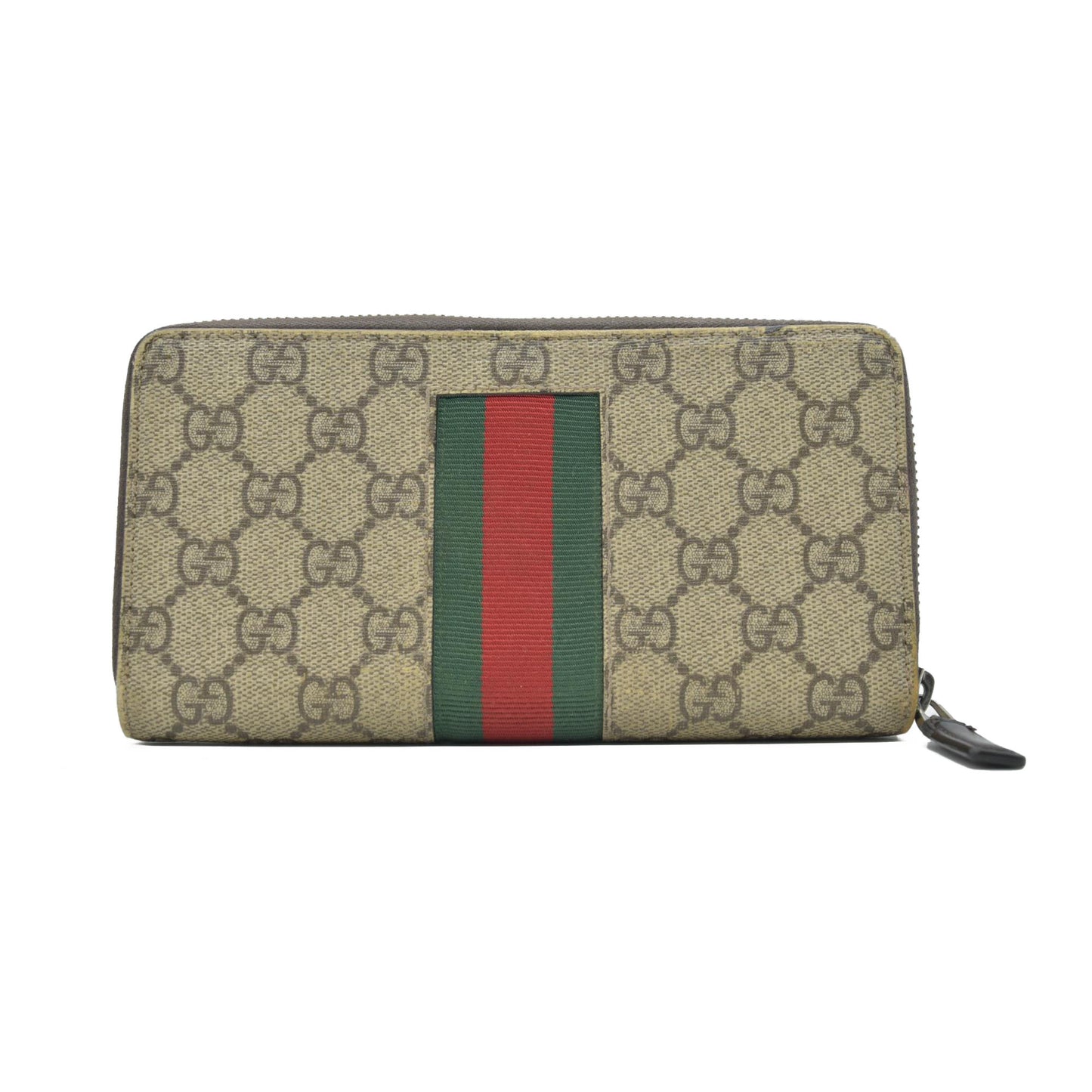 Gucci GG Supreme Monogram Web Bee Zip Around Wallet Beige Cocoa CONSIGNMENT