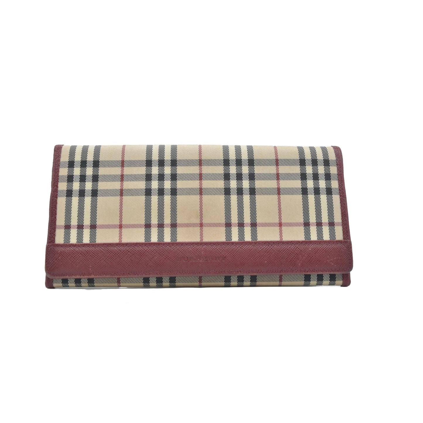 Burberry Beige & Burgundy Canvas Leather Nova Check Long Wallet CONSIGNMENT