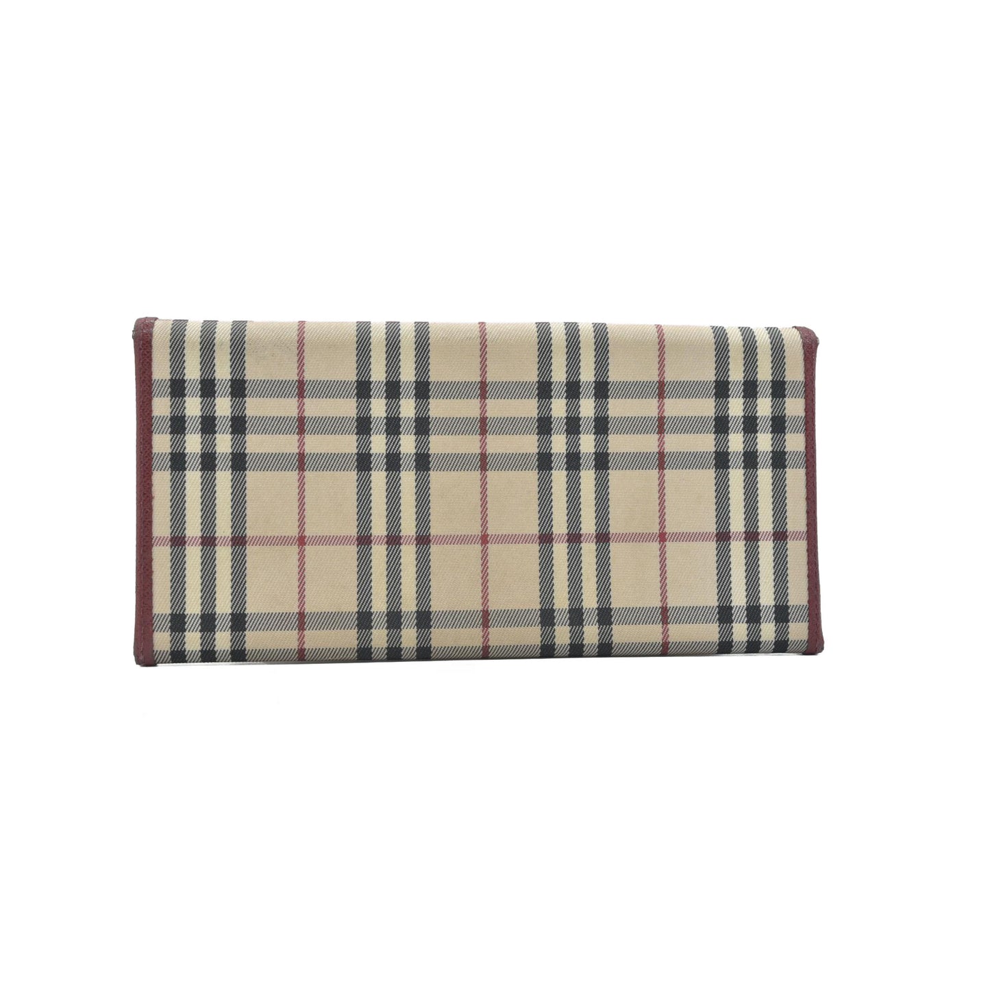 Burberry Beige & Burgundy Canvas Leather Nova Check Long Wallet CONSIGNMENT