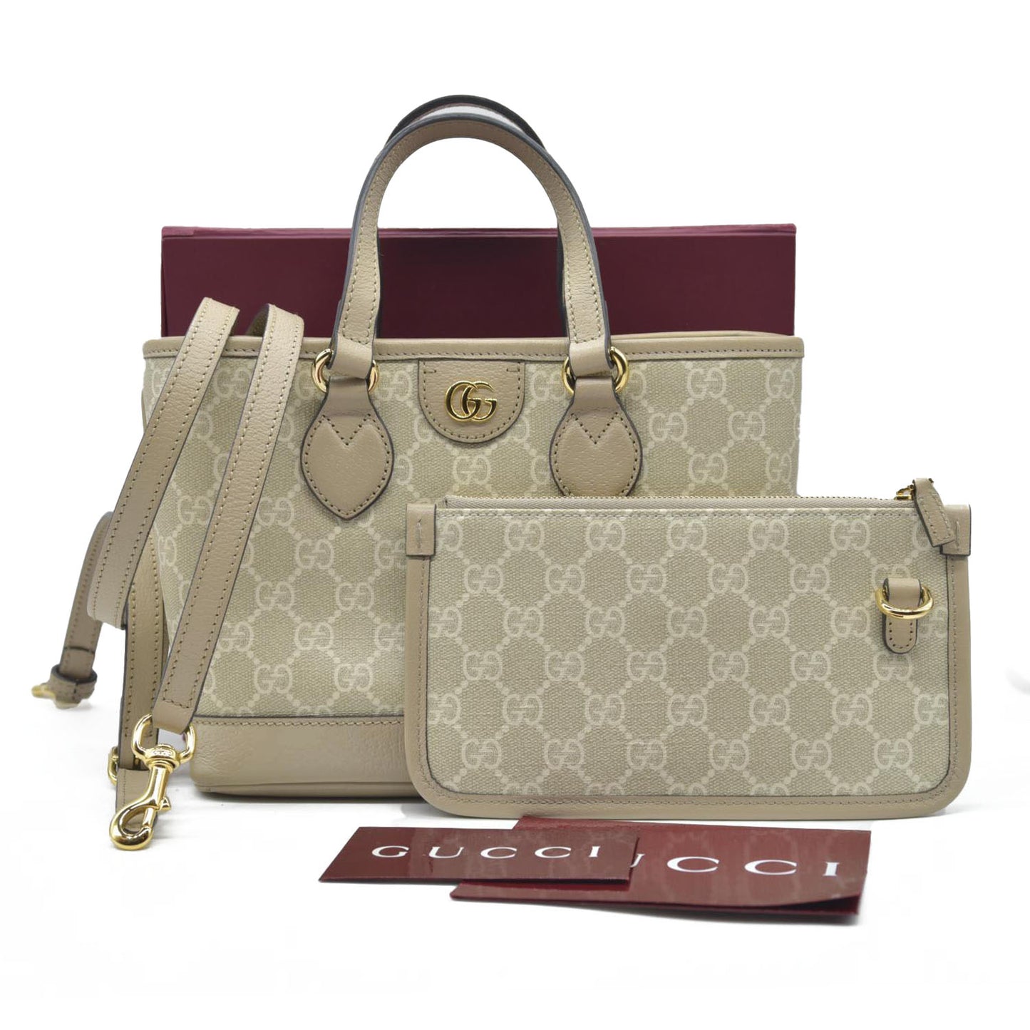 $1900 Gucci GG Supreme Monogram Textured Dollar Calfskin Mini Ophidia Shoulder Tote Bag Bag Beige Mystic White Oatmeal