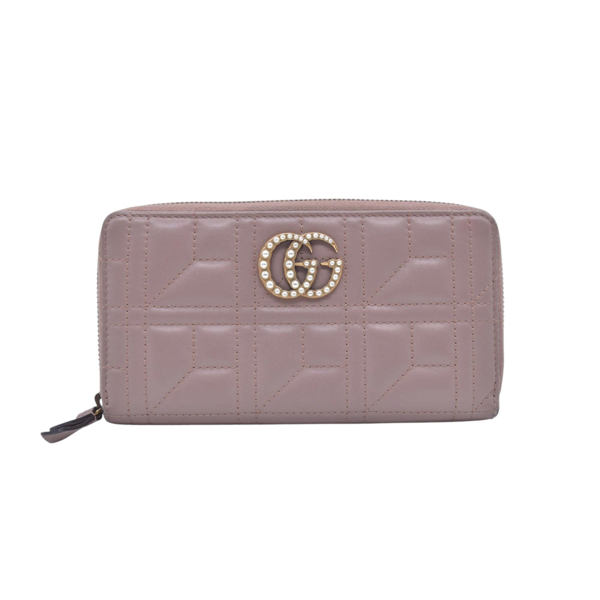 $820 GUCCI Quilted Nappa Faux Pearl GG Marmont Zip Around Wallet Taupe CONSIGNMENT 10021284