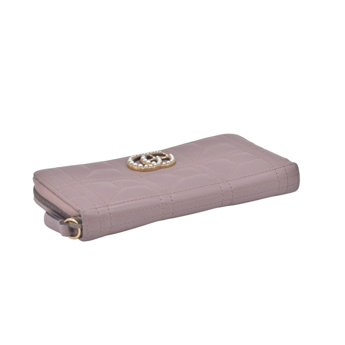 $820 GUCCI Quilted Nappa Faux Pearl GG Marmont Zip Around Wallet Taupe CONSIGNMENT 10021284