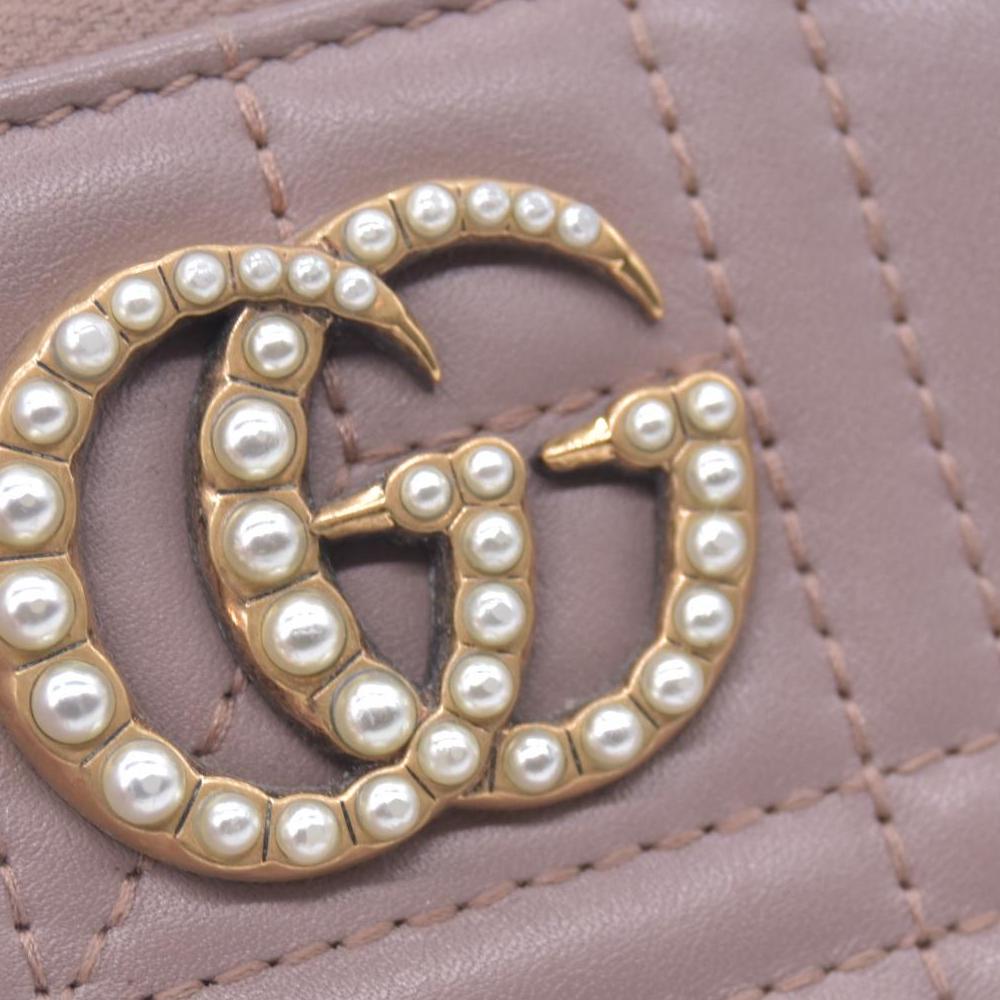 $820 GUCCI Quilted Nappa Faux Pearl GG Marmont Zip Around Wallet Taupe CONSIGNMENT 10021284