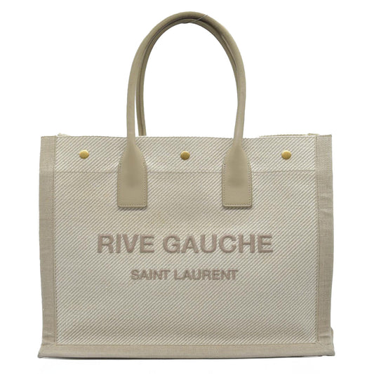 $2000 SAINT LAURENT Linen Calfskin Small Rive Gauche Tote Beige Sea Salt