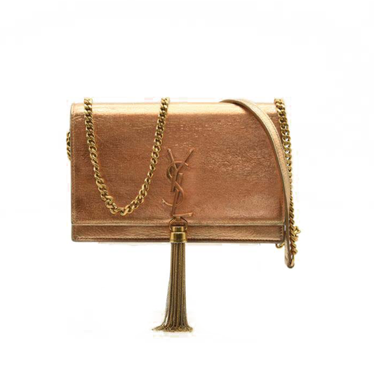 Saint Laurent Metallic Crackled Calfskin Kate Monogram Tassel Chain Wallet Gold