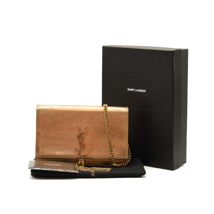 Saint Laurent Metallic Crackled Calfskin Kate Monogram Tassel Chain Wallet Gold