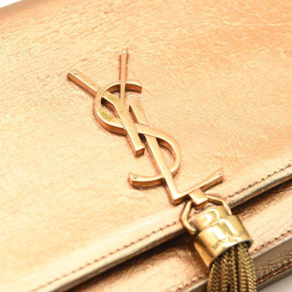 Saint Laurent Metallic Crackled Calfskin Kate Monogram Tassel Chain Wallet Gold