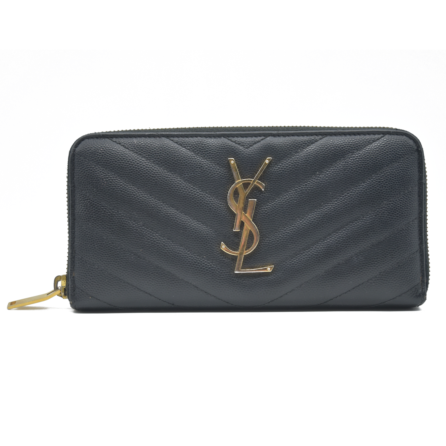 $950 Saint Laurent Grain De Poudre Matelasse Chevron Monogram Zip Around Wallet Black 2015