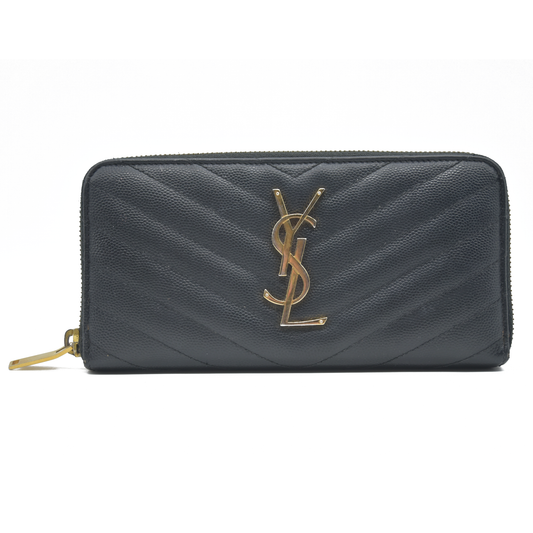 $950 Saint Laurent Grain De Poudre Matelasse Chevron Monogram Zip Around Wallet Black 2015