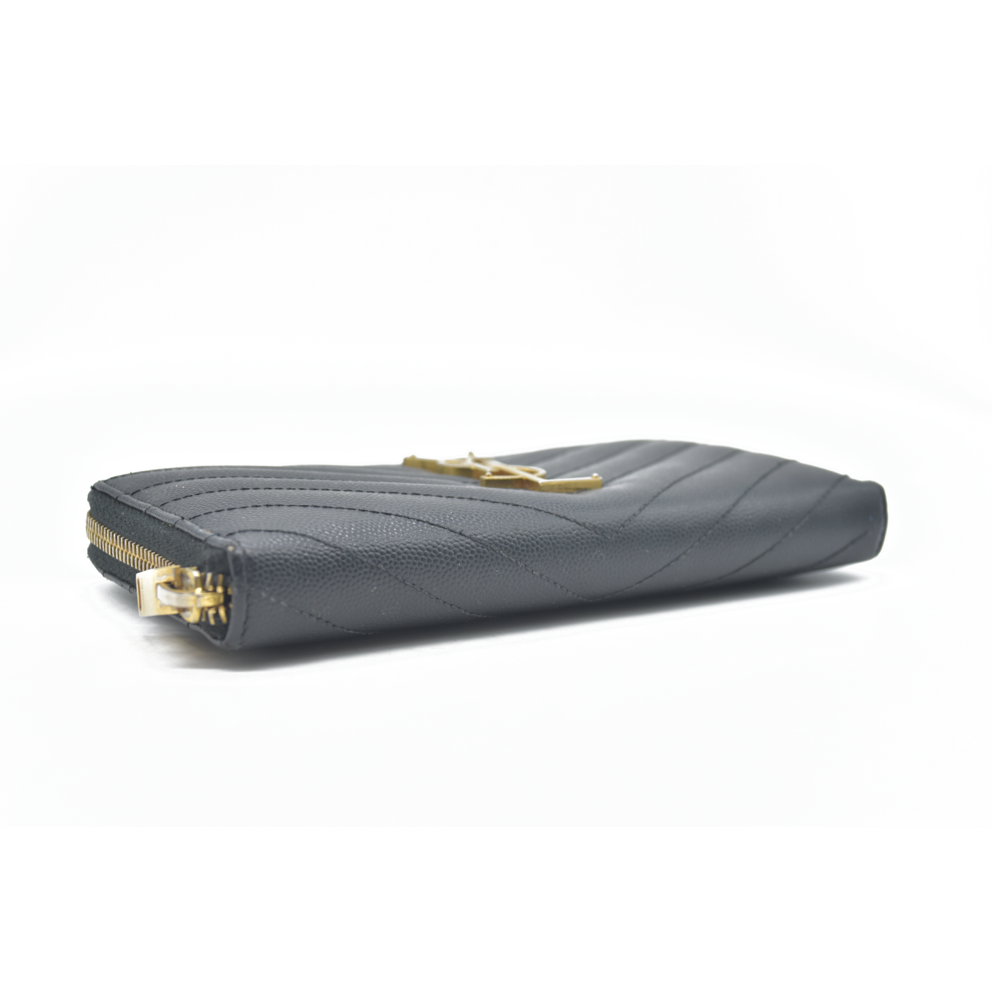 $950 Saint Laurent Grain De Poudre Matelasse Chevron Monogram Zip Around Wallet Black 2015