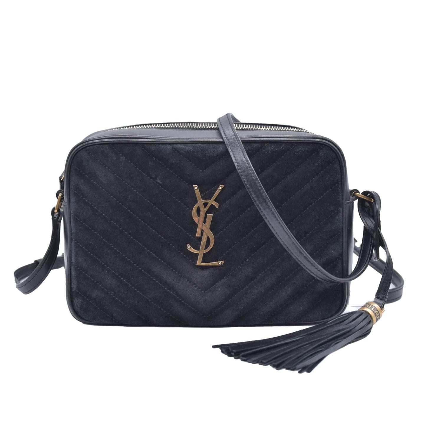 $1950 Saint Laurent Suede Matelasse Monogram Lou Camera Bag Black