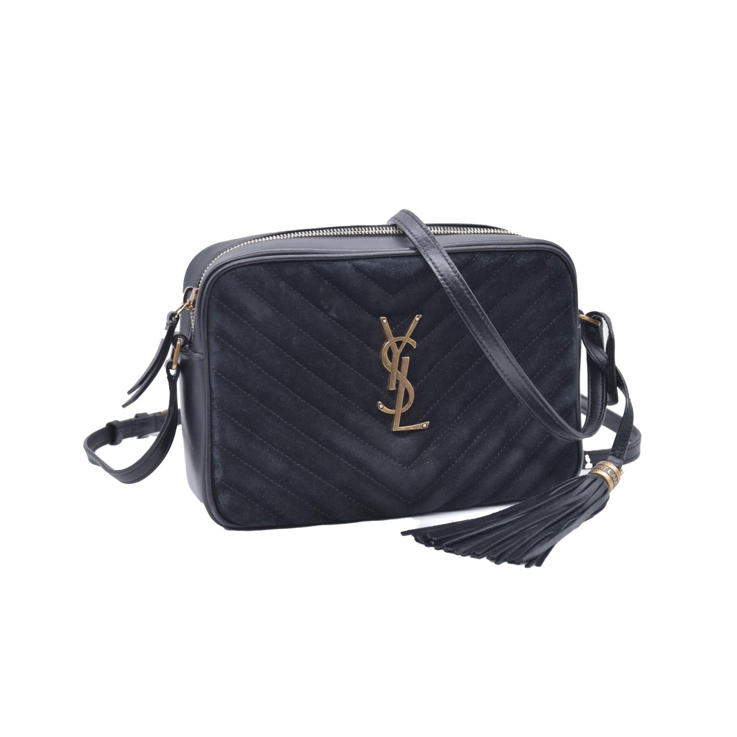 $1950 Saint Laurent Suede Matelasse Monogram Lou Camera Bag Black