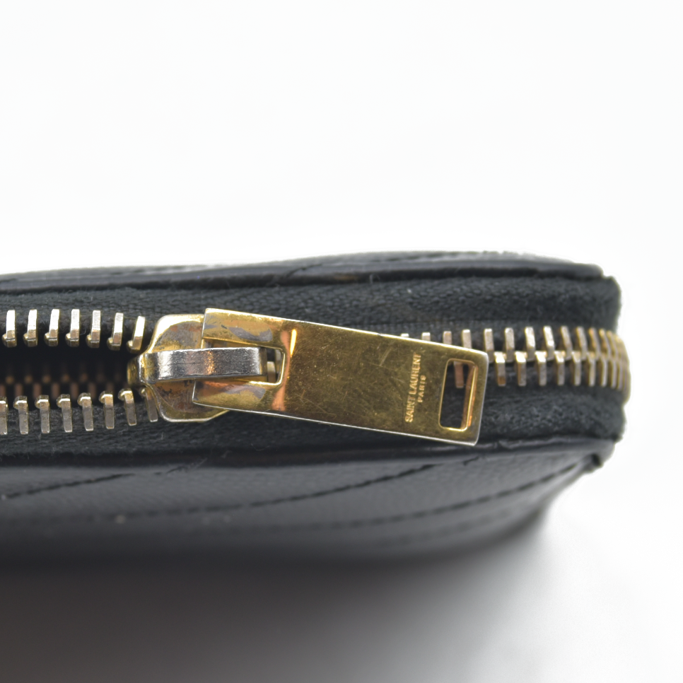$950 Saint Laurent Grain De Poudre Matelasse Chevron Monogram Zip Around Wallet Black 2015