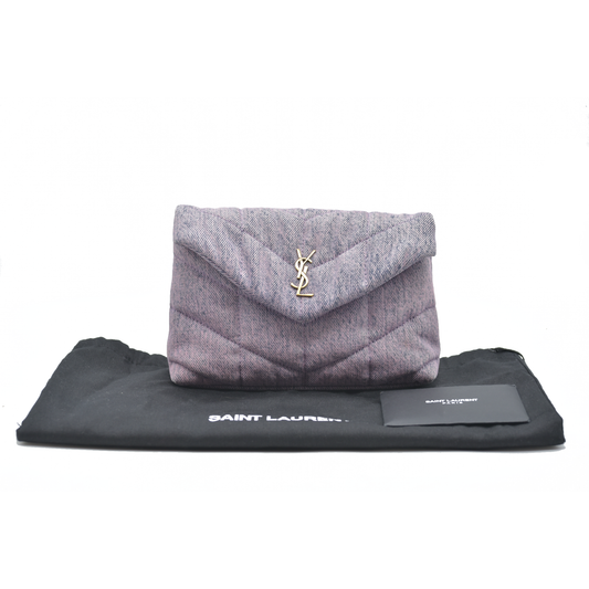 $1000 Saint Laurent Denim Quilted Loulou Puffer Monogram Pouch Clutch Bleached Lilac