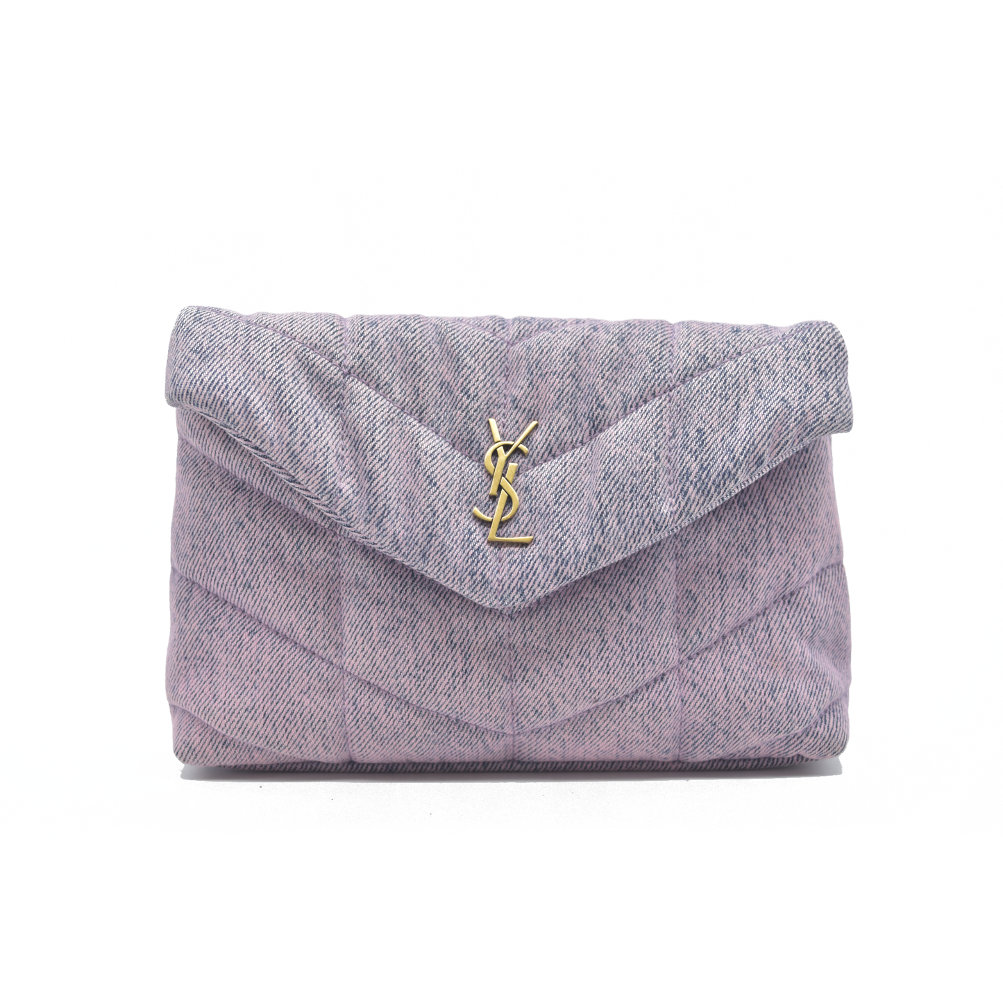 $1000 Saint Laurent Denim Quilted Loulou Puffer Monogram Pouch Clutch Bleached Lilac