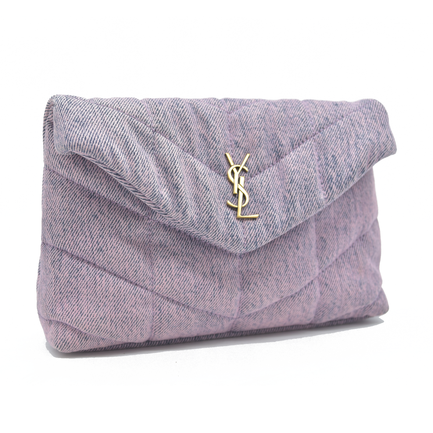 $1000 Saint Laurent Denim Quilted Loulou Puffer Monogram Pouch Clutch Bleached Lilac
