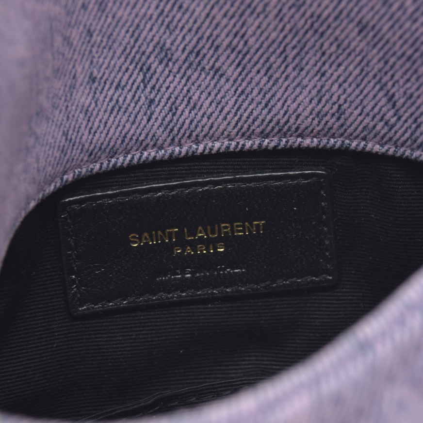 $1000 Saint Laurent Denim Quilted Loulou Puffer Monogram Pouch Clutch Bleached Lilac
